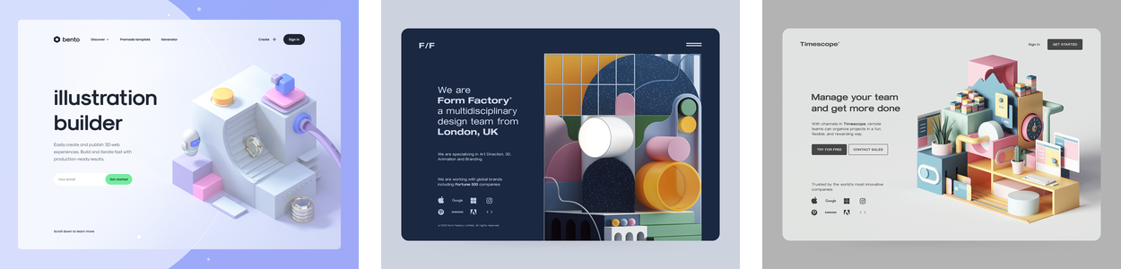 three examples of the 3D elements web design trend