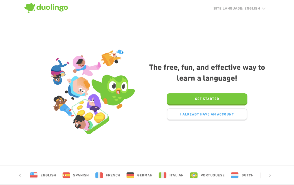 Example of custom illustrations on duolingo's homepage