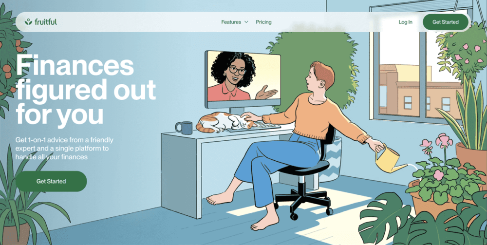 Fruitful's homepage features a cartoon of a girl on videocall in her cozy apartment