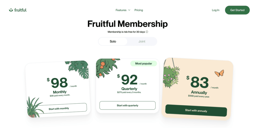 Fruitful's website features soft plant illustrations on the services page