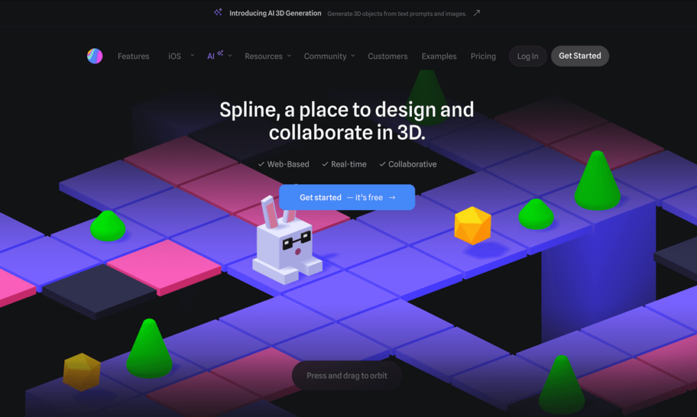 Spline's homepage reads, "Spline, a place to design and collaborate in 3D