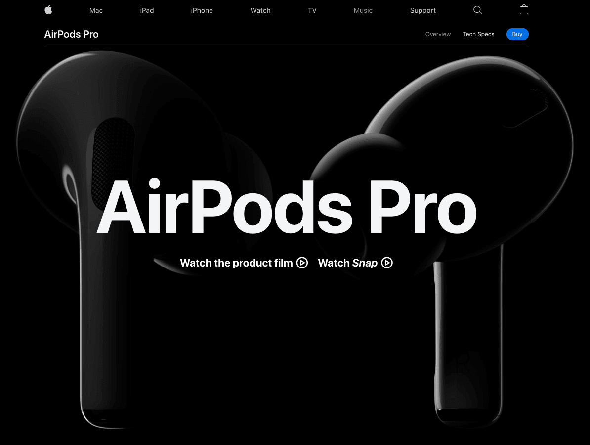 Screengrab of Apple AirPod Pros' dark mode landing page