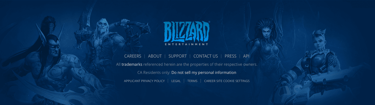 Screengrab of Blizzard's navy footer uses dark mode web design