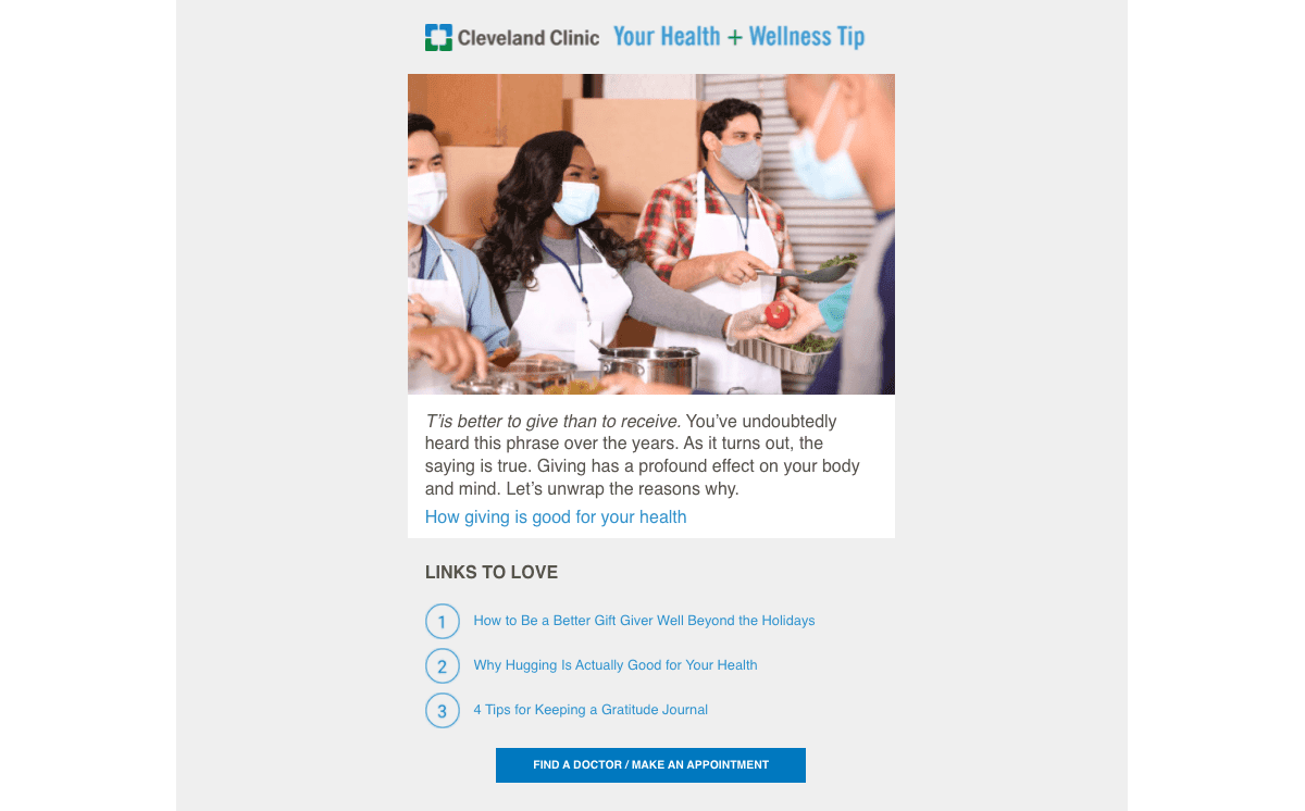Example issue of the Cleveland Clinic’s email newsletter with content that supports their 2021 holiday marketing campaign