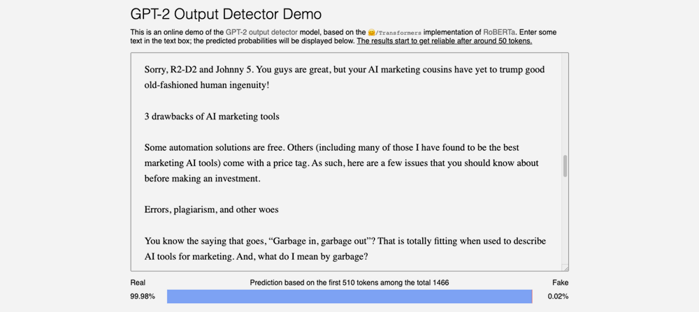 Screengrab showing GPT-2 Output Detector tool for spotting if an AI tool wrote marketing copy