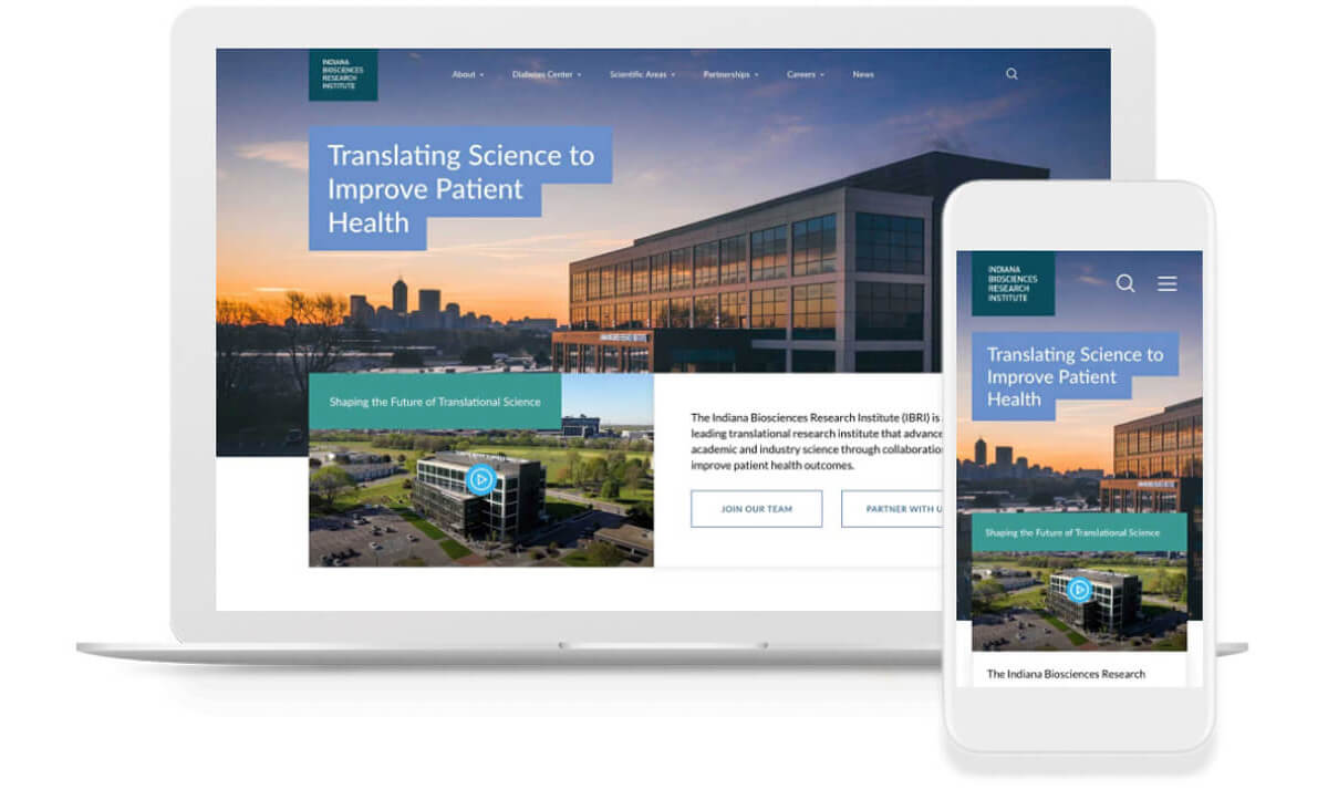 the mobile and desktop view of IBRI's life sciences web design project