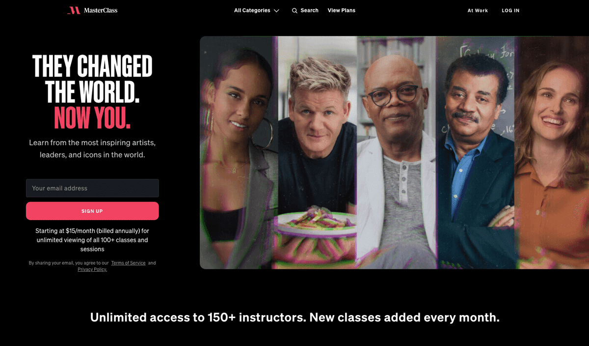 Screengrab of the MasterClass dark background website homepage featuring a black background