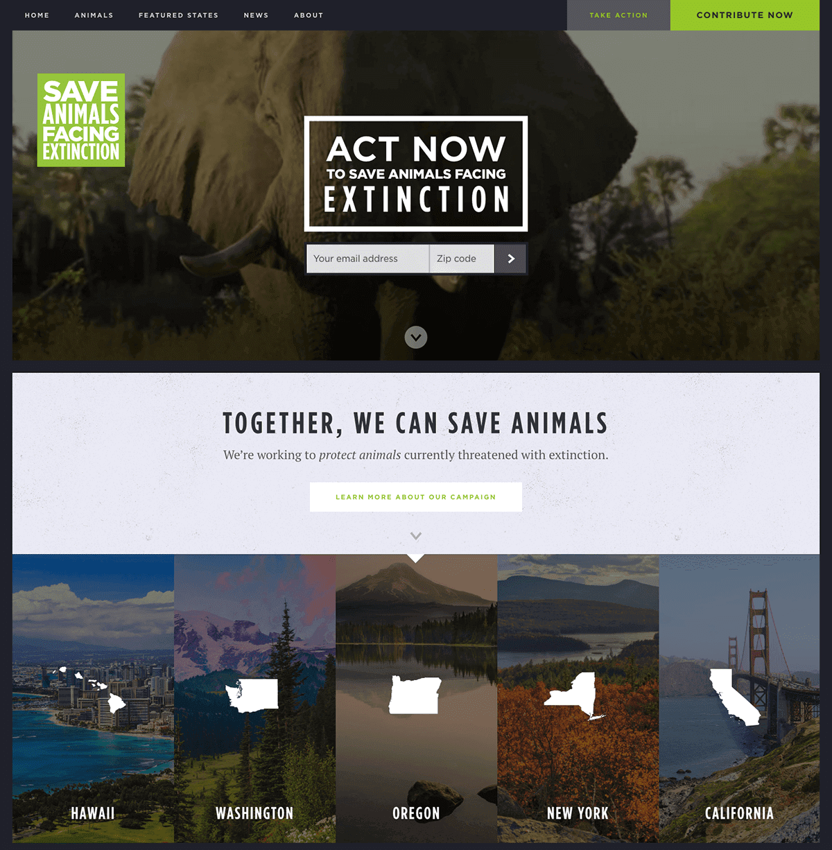 Screengrab of Saving Animals Facing Extinction nonprofit web design example