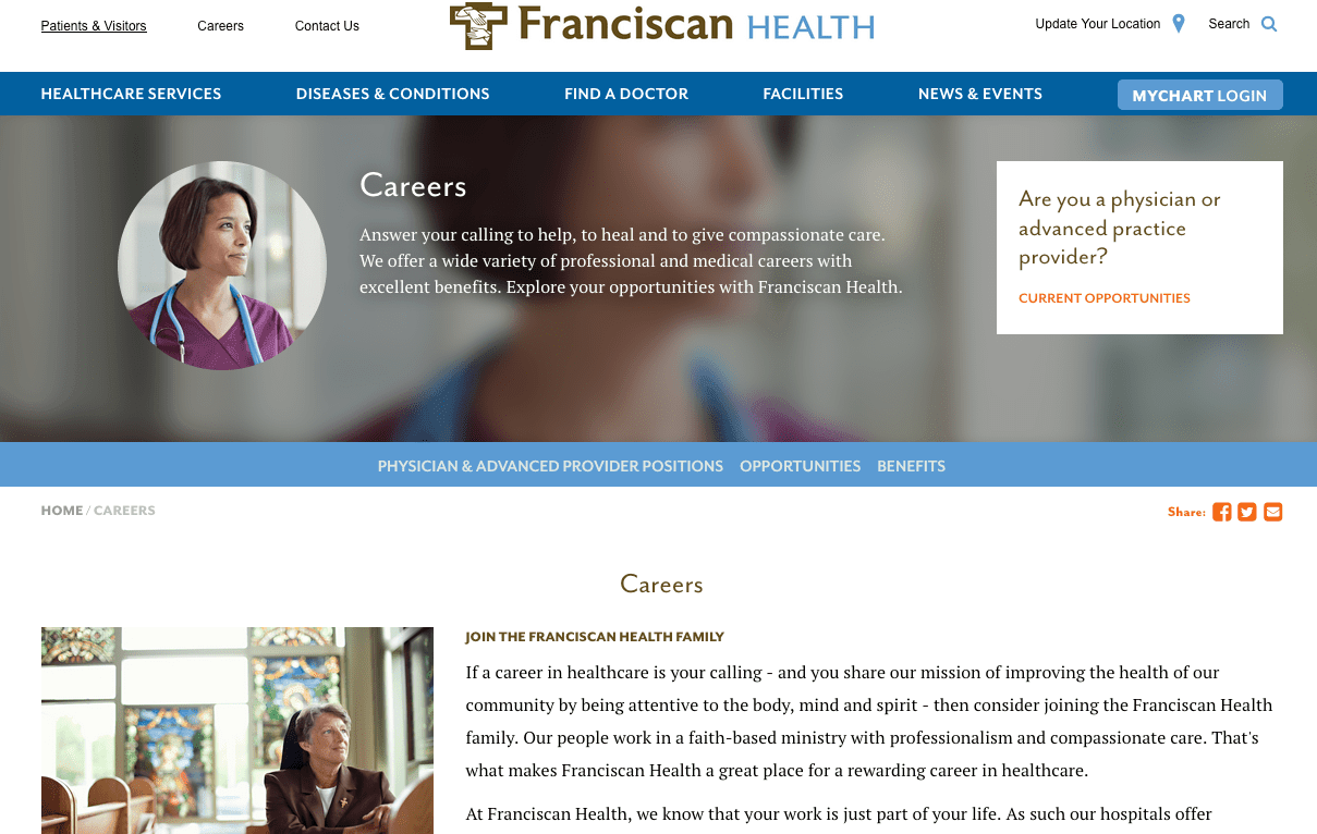 Screen shot of Franciscian Health Careers Page