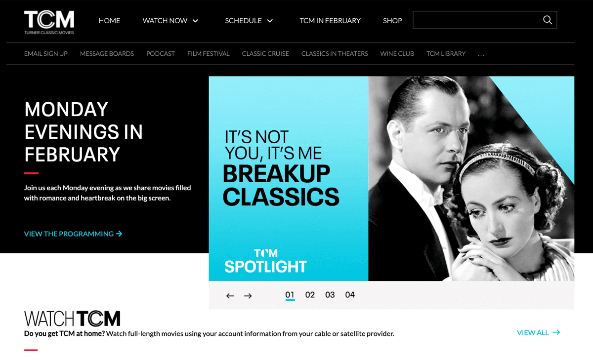 Screengrab of a TCM's back background hero on their dark mode web design