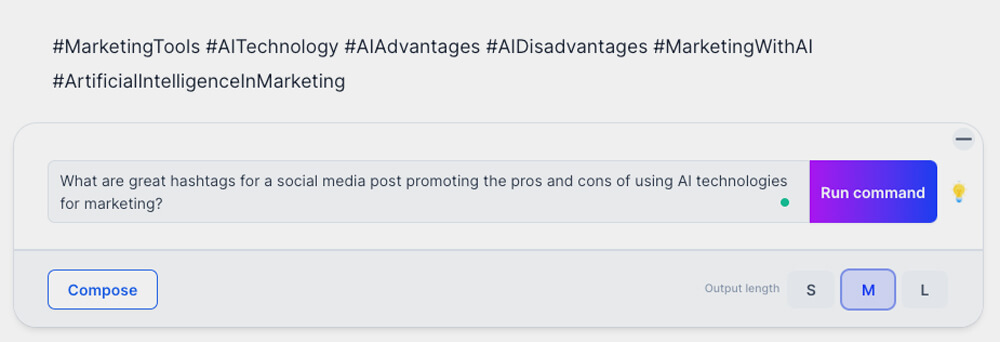 Screengrab showing how Jasper’s AI tool for marketing can help you find hashtags