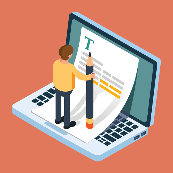 Illustration man holding pencil standing on paper on top of laptop.