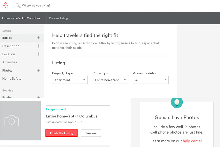 Airbnb website process screenshot