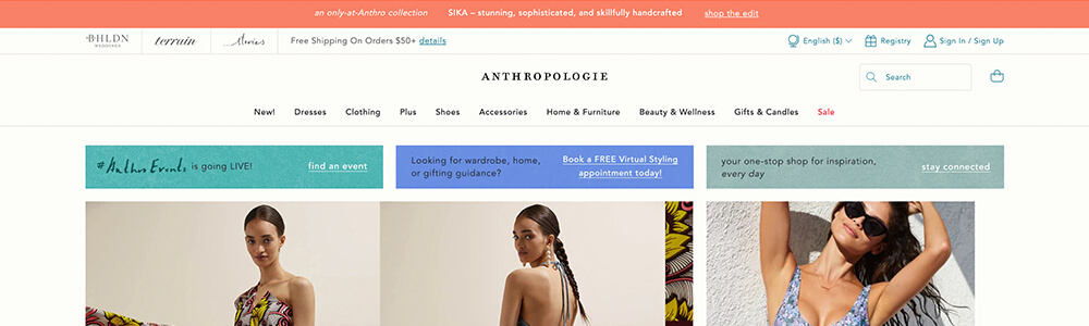 Anthropologie website announcement banner