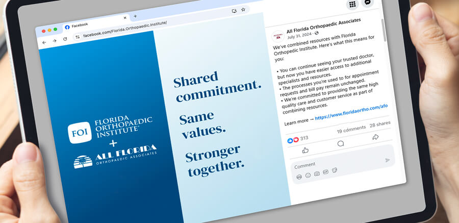 Preview of a Facebook post by one of Florida Orthopaedic Institute's merged entities to announce the merger to their followers
