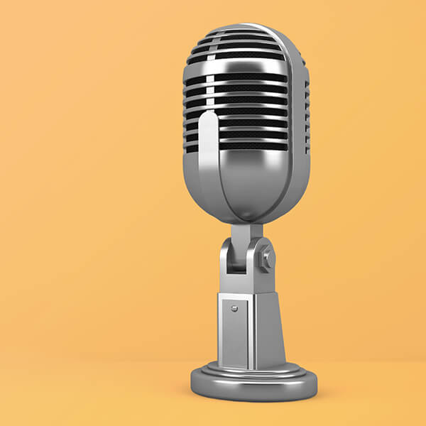 Best marketing podcast graphic, microphone with a yellow background.