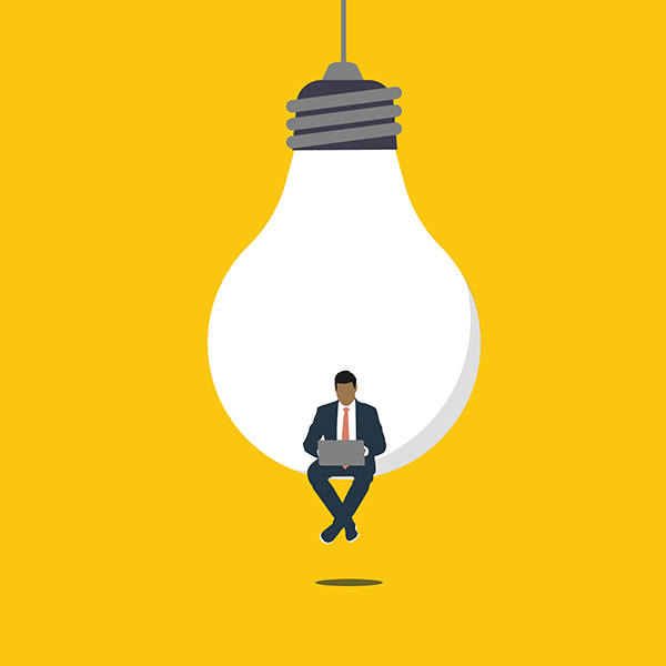 Illustration of business man sitting in lightbulb coming up with blog content ideas