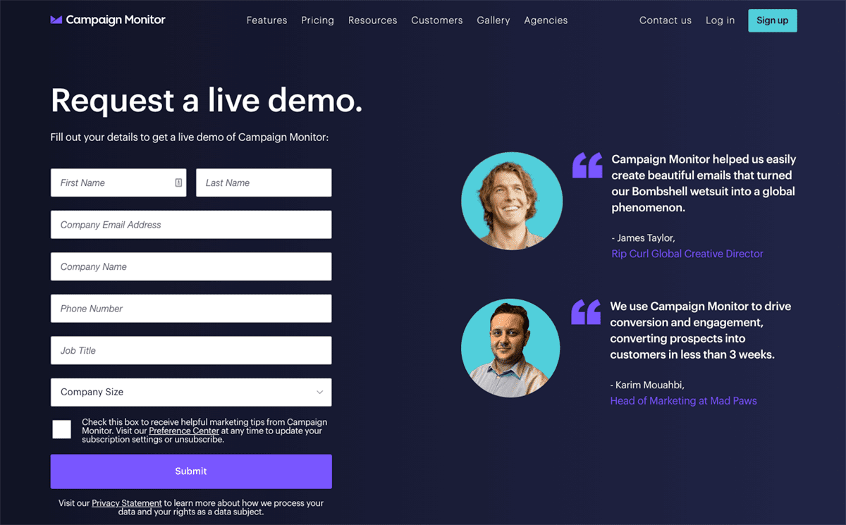 Screengrab of Campaign Monitor's dark demo landing page