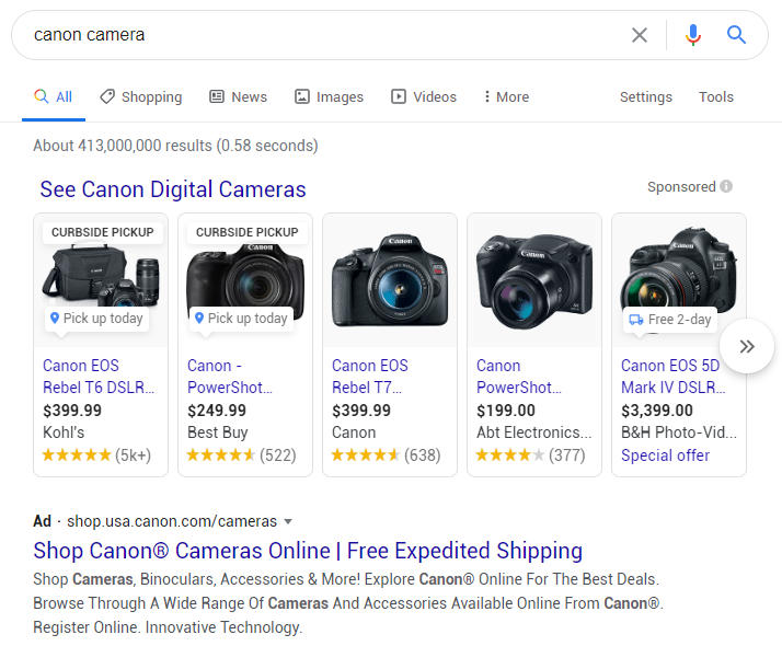 Example of a Google Shopping Ad for Canon cameras