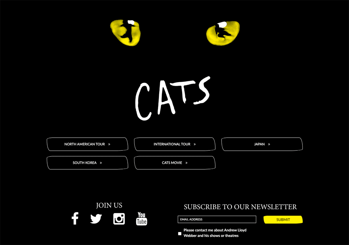 Screengrab of the musical Cats' dark mode web design homepage