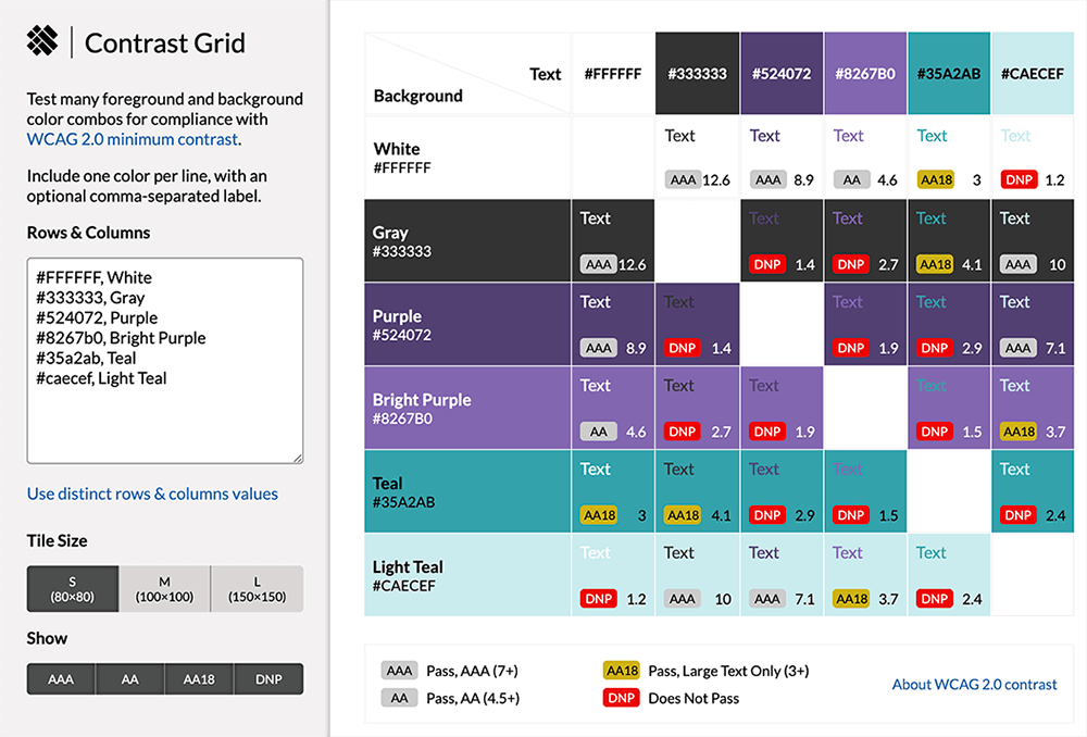 Grid of brand colors showing contrast levels generated by the EightShapes Contrast Grid tool