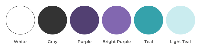 Sample brand color palette – white, gray, purple, bright purple, teal, and light teal