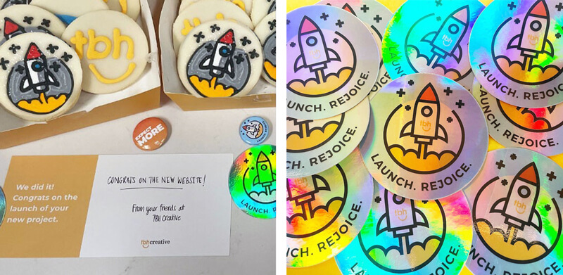 Celebrating the Indian Learns launch with cookies, custom stickers from Sticker Mule, buttons, and handwritten notes
