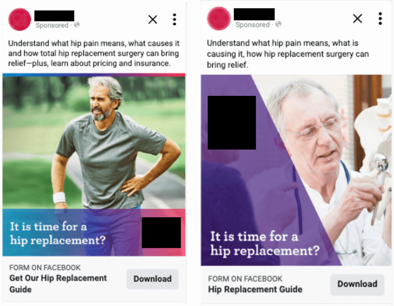 Left: the Facebook ad for healthcare after optimization (with better conversions); right: the original version of the ad