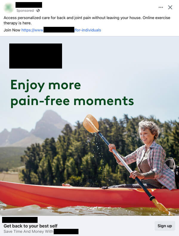 Example of a Facebook ad for healthcare that is testing the use of a woman front and center