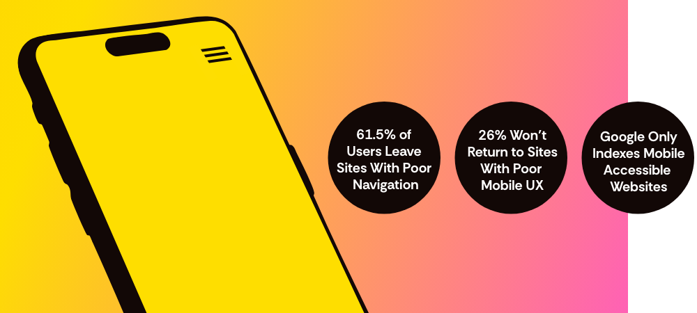 Infographic: Think about fixing a website with usability issues because 61.5% of users leave sites with poor navigation, 26% won't return to sites with poor mobile ux, and Google only indexes mobile accessible sites.