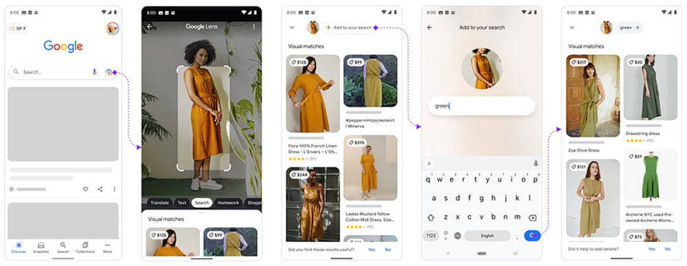 Examples of how Google Lens allows its users to upload an image, view visual matches, and filter search results with additional text-based criteria