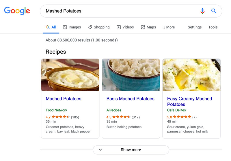 Example of recipe carousel in Google search results
