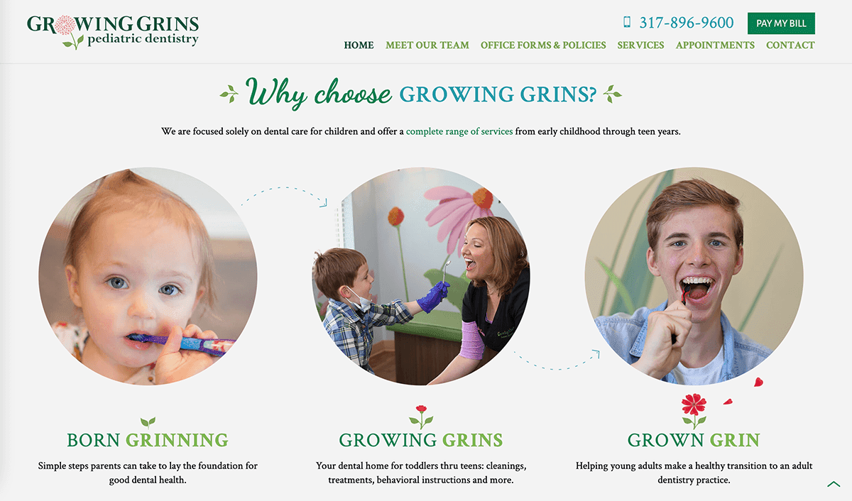 Screengrab of Growing Grins Pediatric Dentristry's homepage with a candid photo of the practice's primary provider