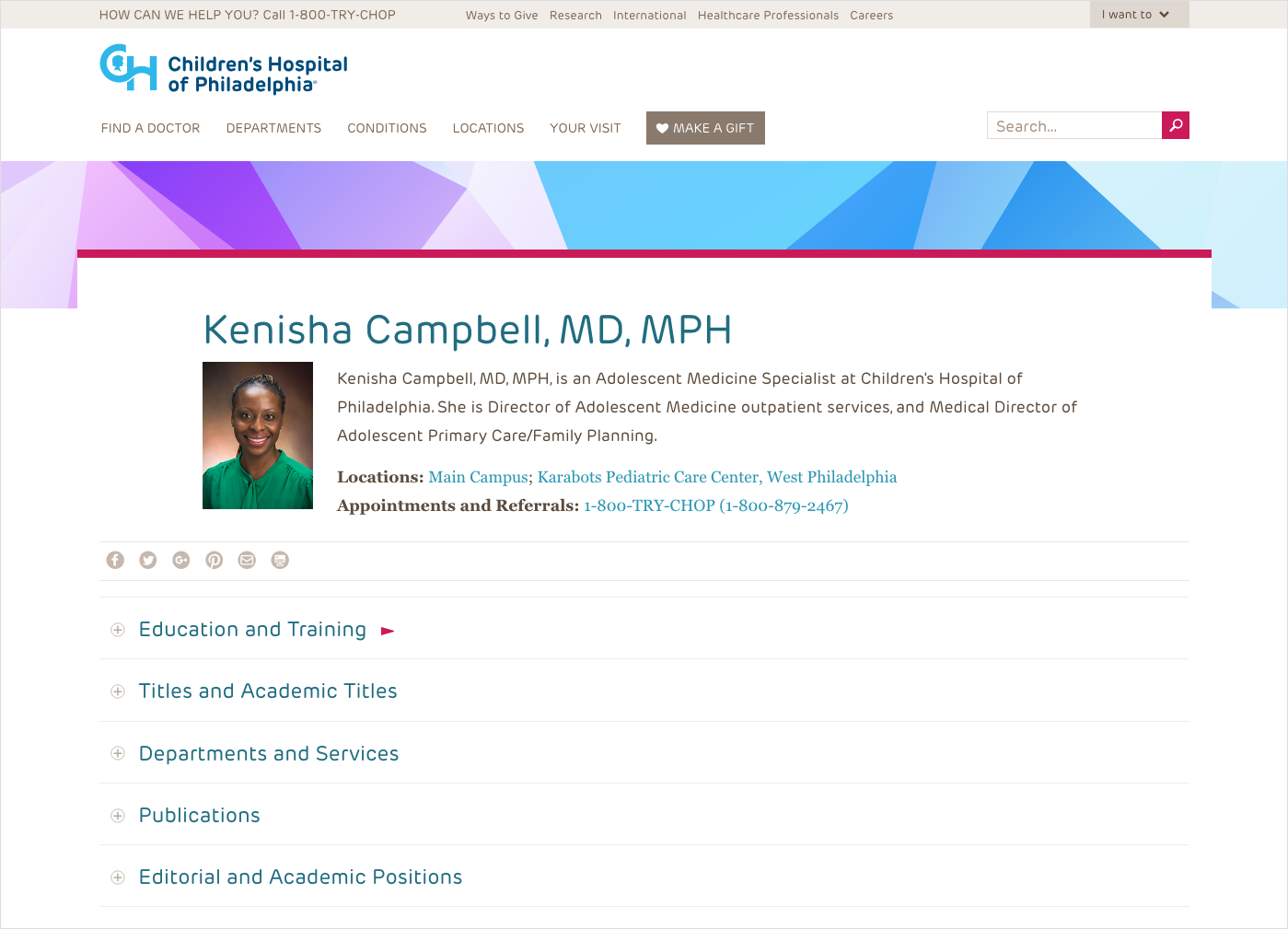 The Children’s Hospital of Philadelphia presents secondary biographic information about its doctors using a simple, expandable accordion-style menu as part of its page design.