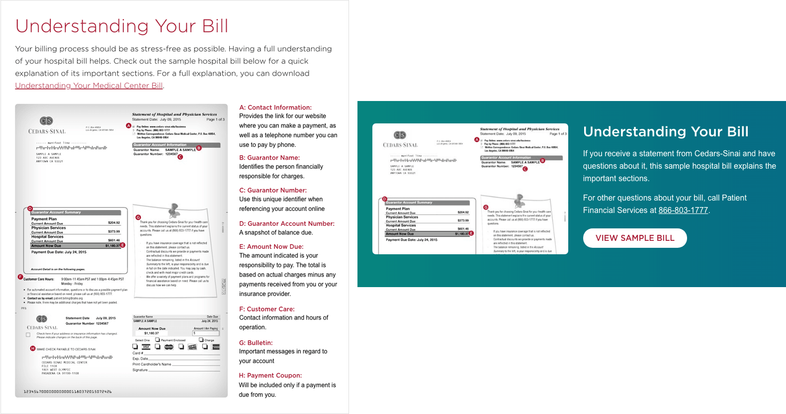 Cedars Sinai uses a sample bill as an infographic to help patients interpret the charges for their medical care