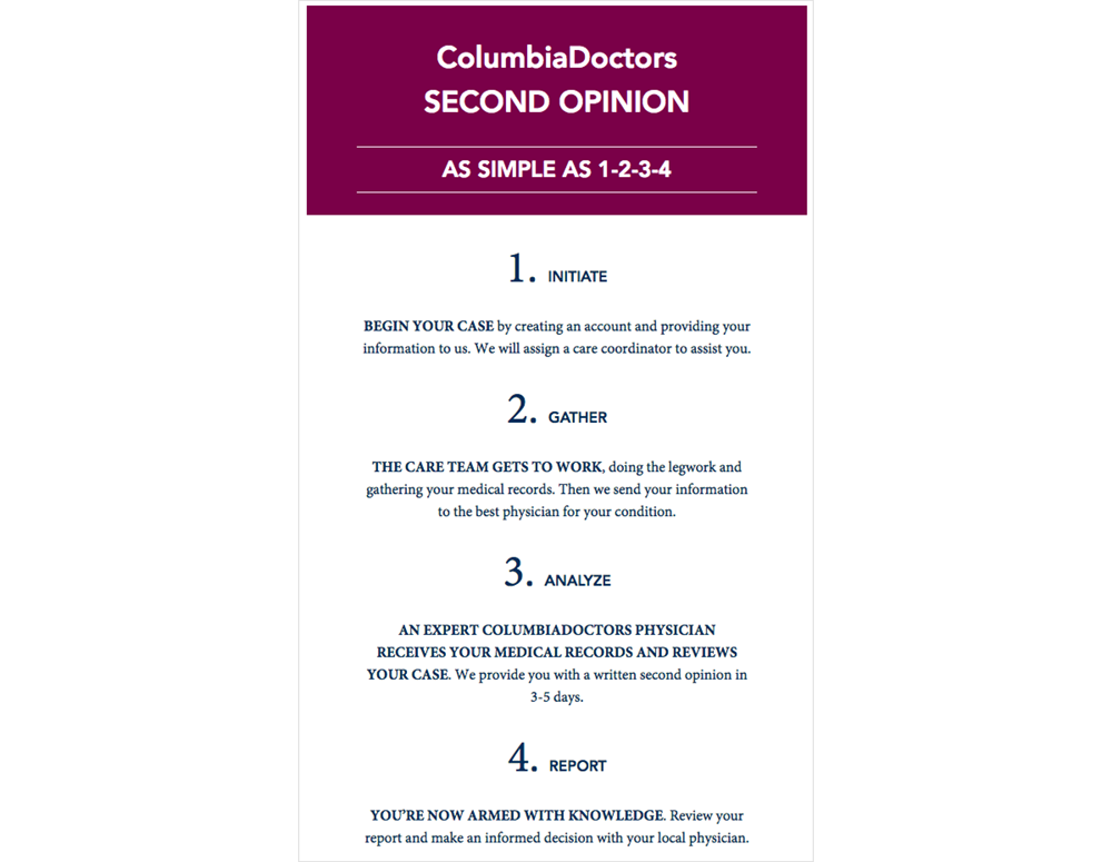 The Columbia Doctors website uses creative typography to explain its second opinion service clearly.