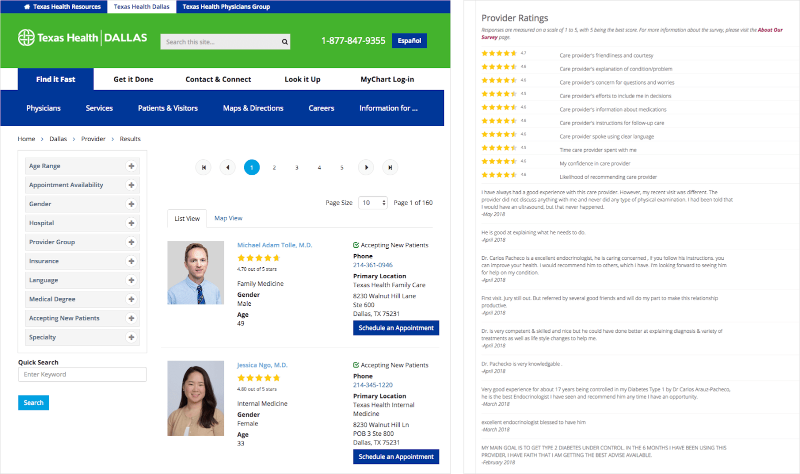 Texas Health Dallas uses star-ratings on their search results pages and doctor bio webpages