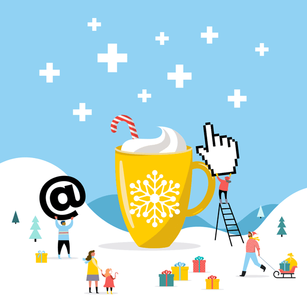 illustration of marketers working during winter for blog post about holiday marketing campaigns