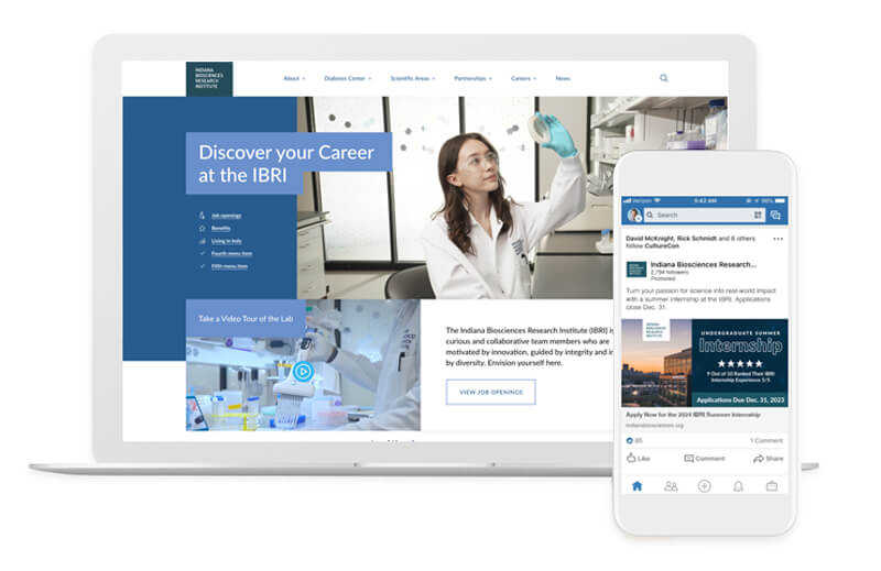 Laptop and iphone showing the IBRI's careers microsite and social paid ads supporting its recruitment campaign, created by healthcare marketing group TBH Creative