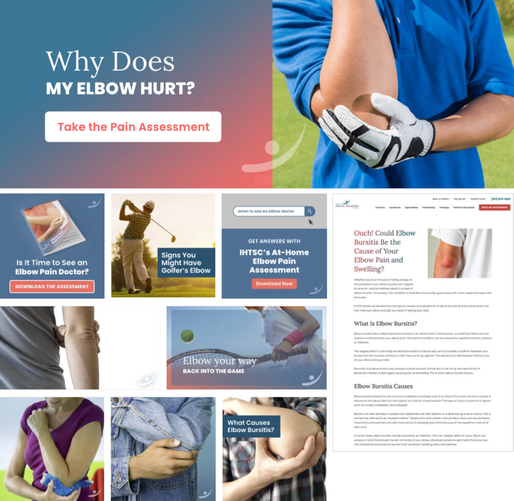 Sample posts and content created by healthcare marketing group TBH Creative for IHTSC's elbow service line promotional campaign