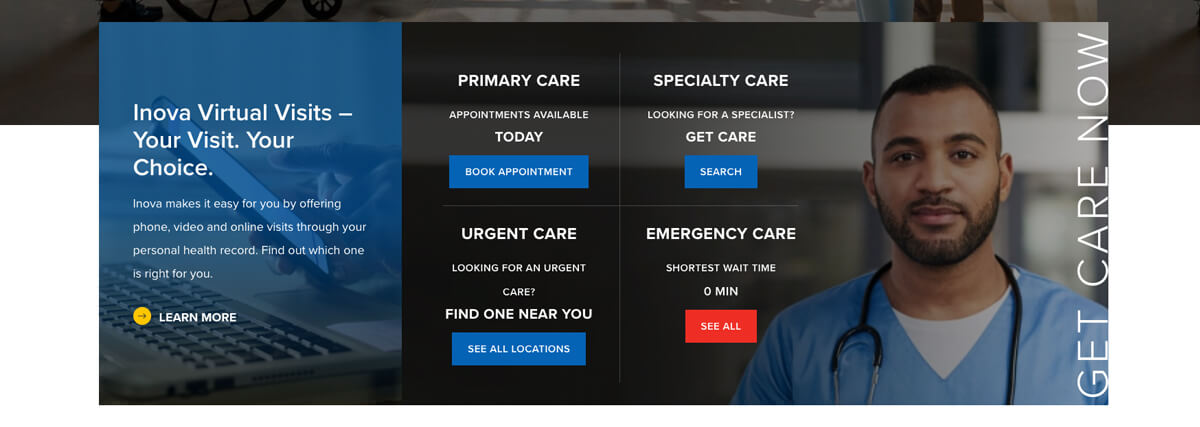 The homepage from Inova's good hospital website