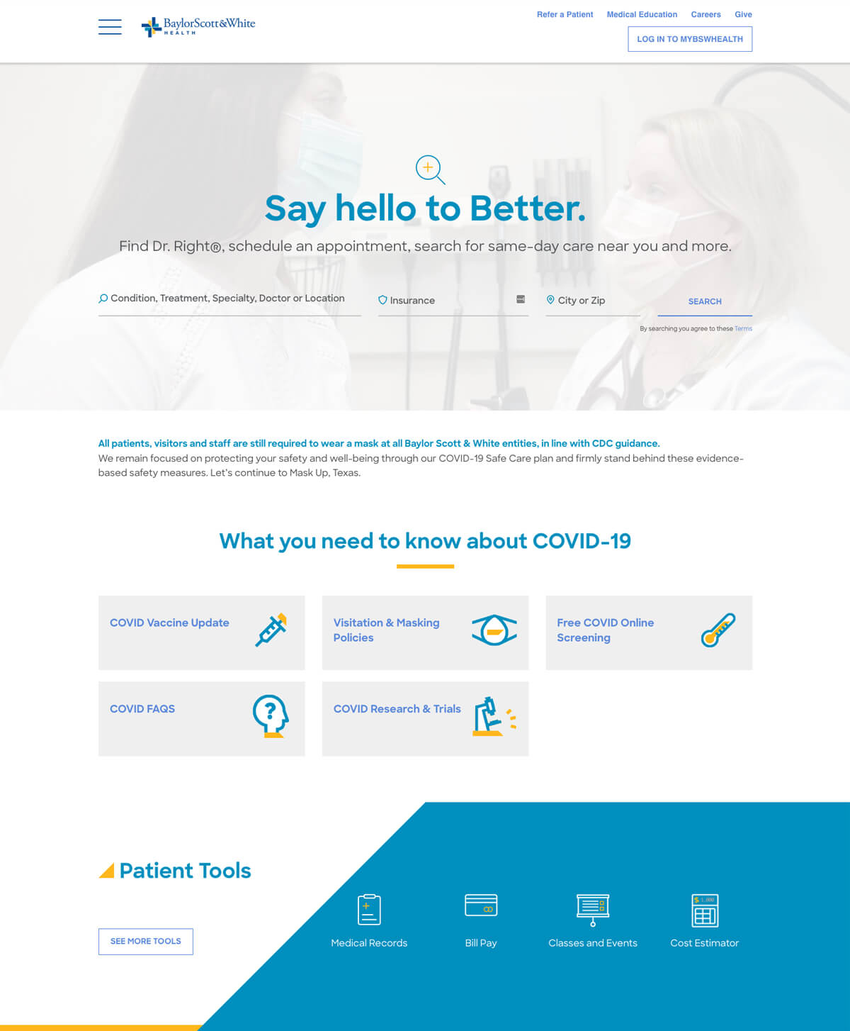 Baylor, Scott & White Health's hospital website homepage
