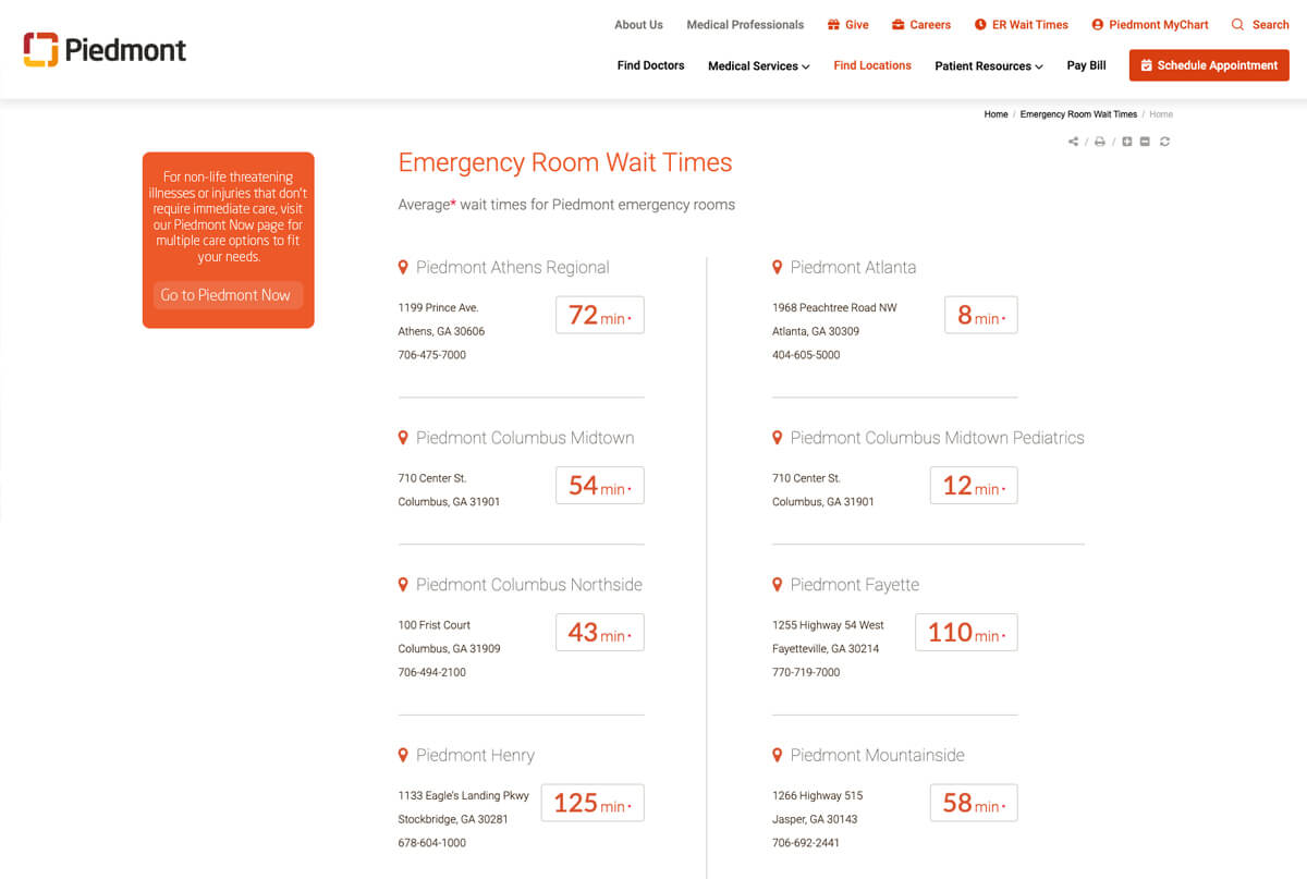 Piedmont's ER webpage