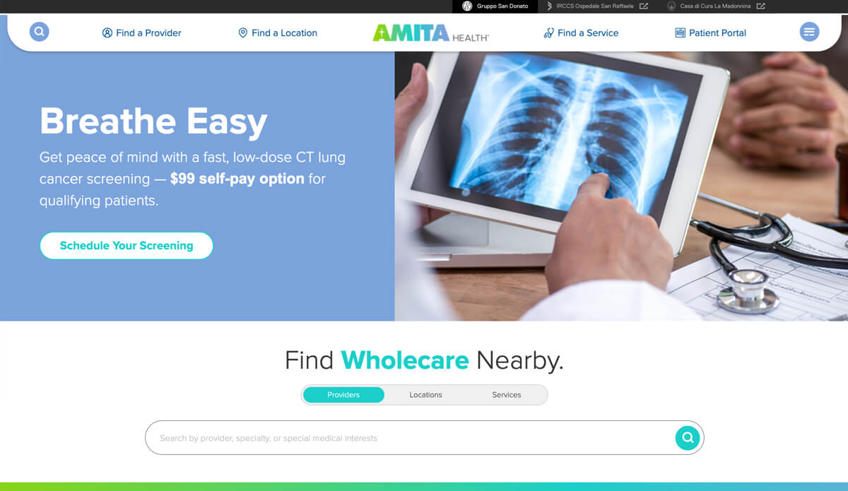 Amita's healthcare website homepage