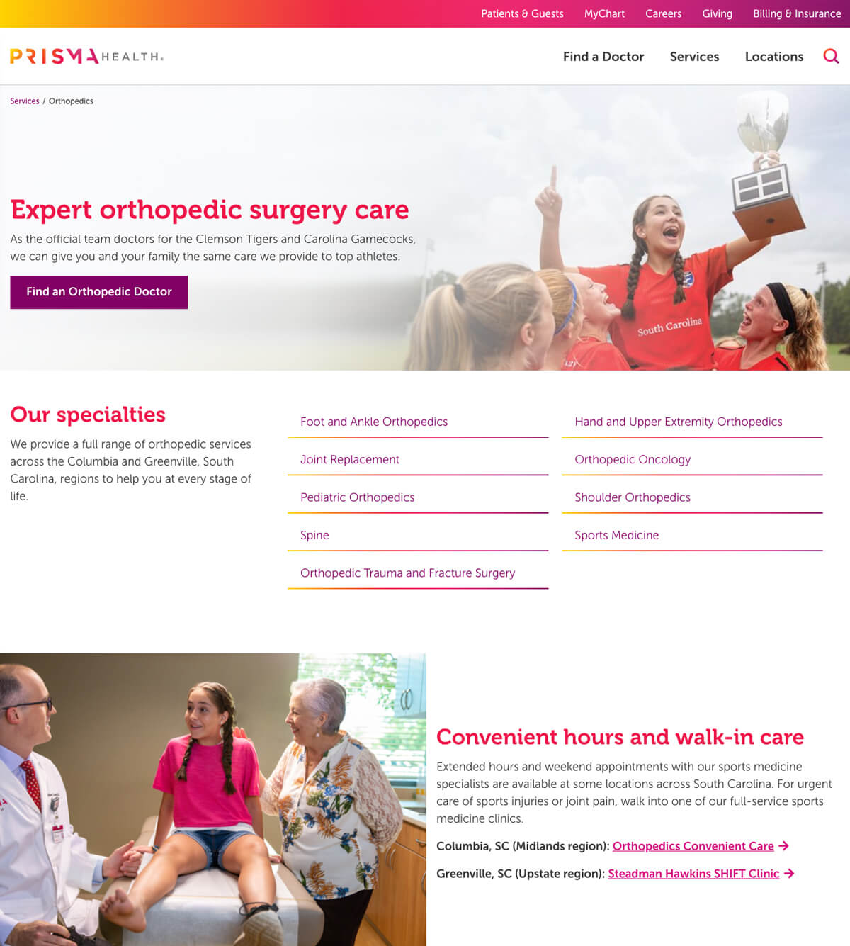Prisma Health's service webpage
