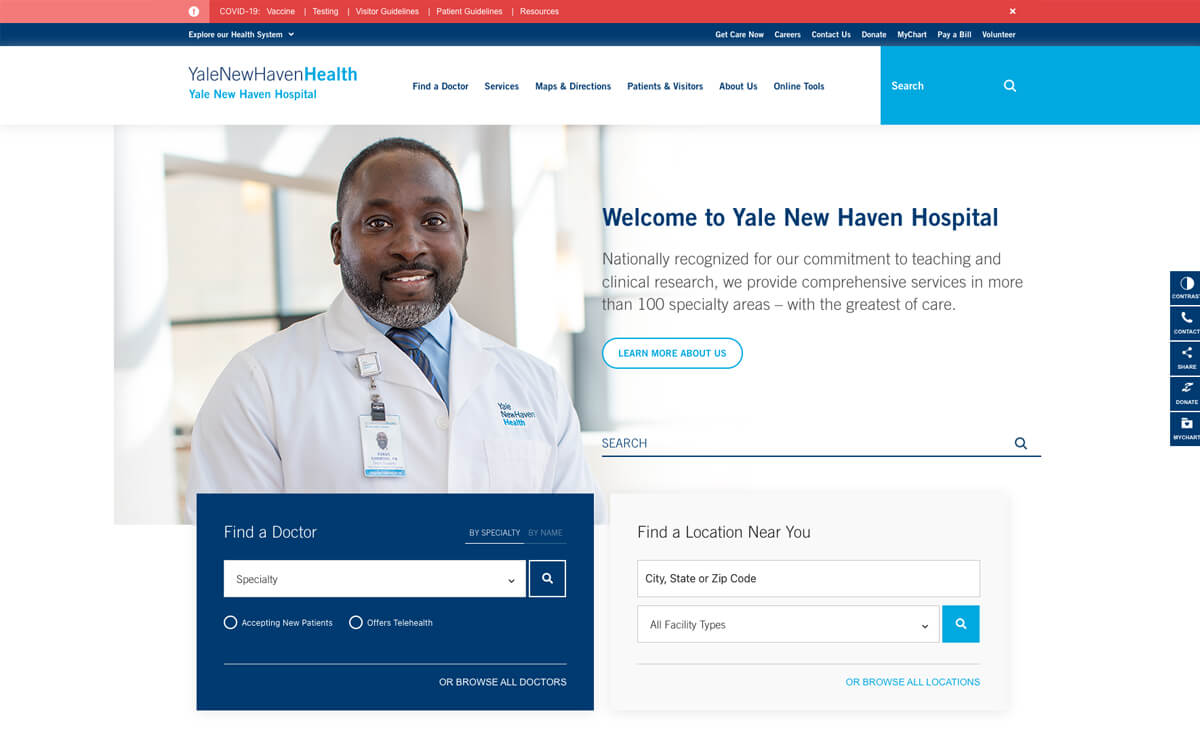 Yale New Haven Health's good hospital website homepage