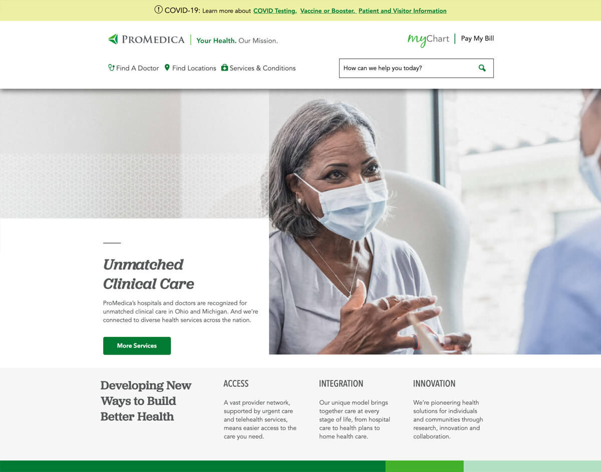 ProMedica's good hospital website homepage