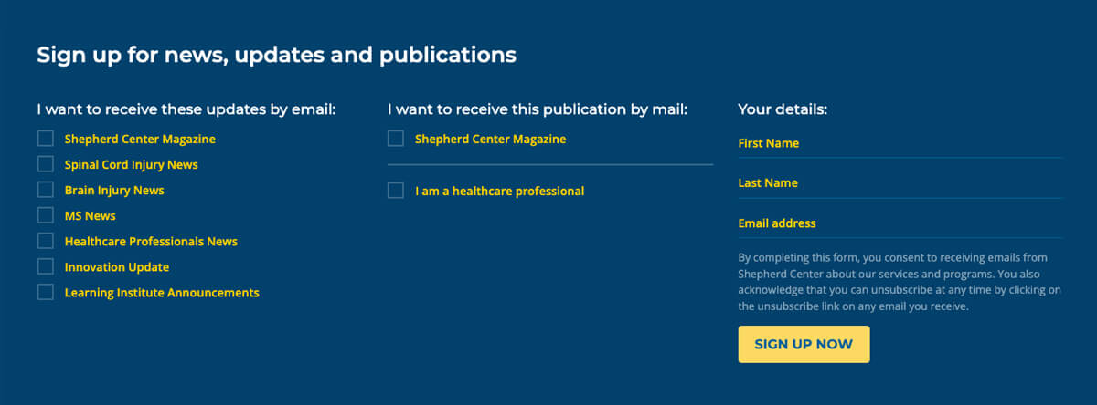 Shepherd Center's hospital website email signup panel