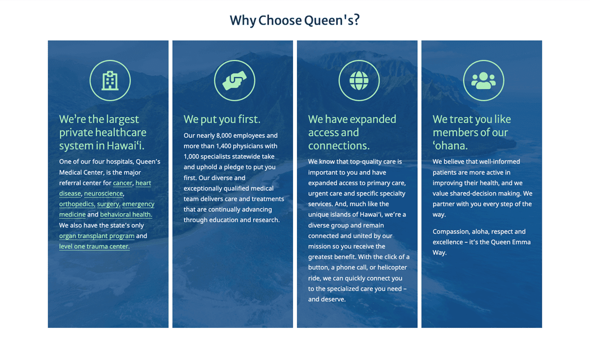 Queen’s Medical Center webpage panel on differentiators