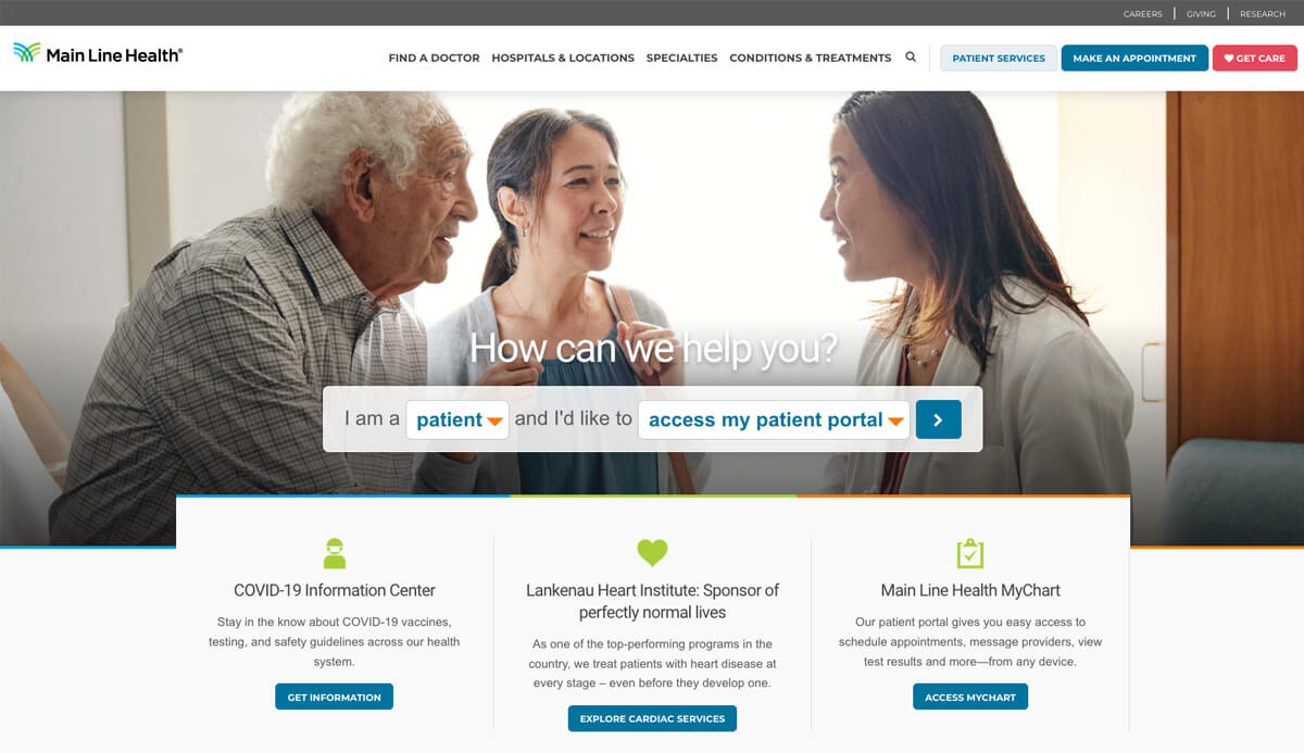 Main Line Health’s good hospital website homepage